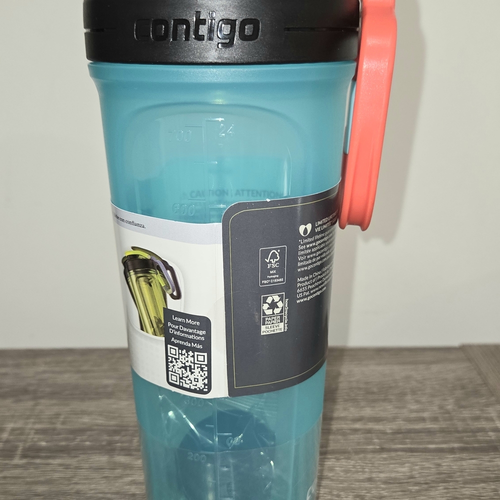 Contigo Teal Shake & Go Fit Mixer Bottle 28 Fl oz. (828ml) Carabiner Handle New. - Picture 6 of 11